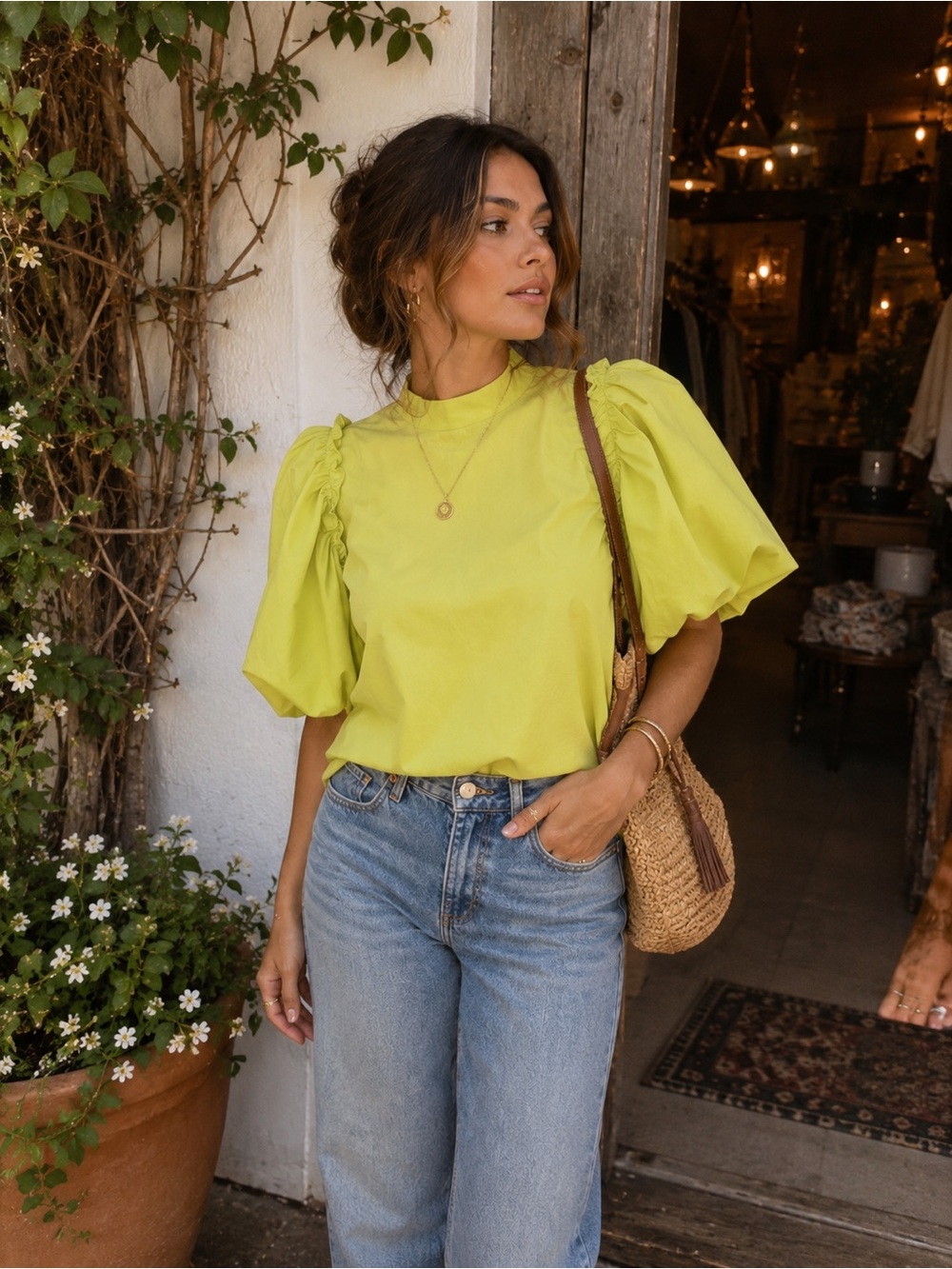 BEULAH Style Lime‎ Green Puff Sleeve Blouse NWT Size Medium